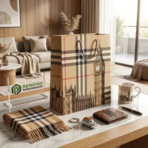 Bolsa de Papel Beige y Negra con Patrón del Big Ben de Londres, Adecuada para Regalos, Venta al por Menor o Empaque de Alimentos, Diseño Personalizado Disponible