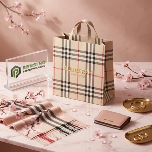 Bolsa de Papel a Rayas Beige y Roja con Logo de Burberry, Adecuada para Empaque de Regalos o Venta al por Menor, Impresión de Logo Personalizado Disponible