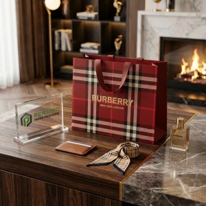 Sacola de Papel Vermelha e Preta com Texto Impresso “BURBERRY” e Padrão Xadrez, Adequada para Presentes, Varejo ou Embalagem Cosmética, Impressão de Logotipo Personalizado Disponível