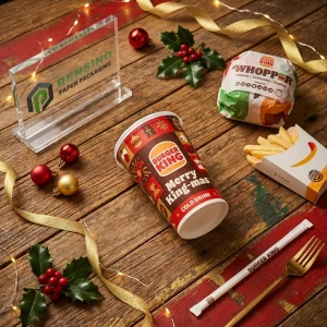 Printed Brown Paper Cup with Christmas Pattern and Burger King Logo, Suitable for Cold Drink Packaging, Custom Logo Printing Available