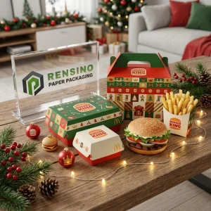 Boîte d'Emballage Alimentaire Jetable Verte et Rouge avec Motif de Fête et Logo Burger King, Convient pour l'Emballage de Restauration Rapide, Conception Personnalisée Disponible