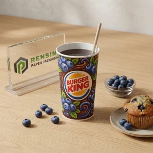 ब्राउन पेपर पैकेजिंग कप जिसमें ब्लूबेरी चित्रण और प्रिंटेड “BURGER KING” टेक्स्ट है, पेय पैकेजिंग के लिए उपयुक्त, कस्टम डिज़ाइन उपलब्ध
