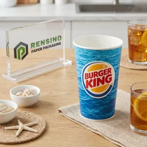 नीला पेपर कप जिसमें “BURGER KING” लोगो प्रिंट किया गया है, पेय पैकेजिंग के लिए, OEM/ODM सेवा उपलब्ध है
