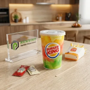 Vaso de papel colorido con el logo impreso de “BURGER KING” para empaques de alimentos y bebidas, impresión de logo personalizada disponible