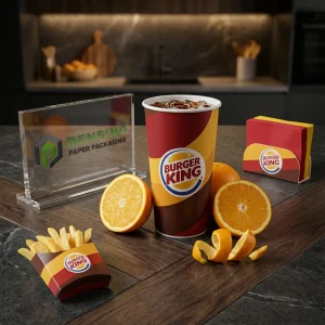 Красный, желтый и коричневый бумажный стакан с напечатанным текстом “BURGER KING” и соответствующим бумажным контейнером для картофеля фри и подставкой для салфеток для упаковки продуктов, доступен индивидуальный дизайн