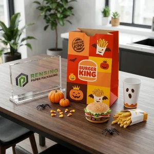 BURGER KING Sacs en Papier Alimentaire Jetables Orange et Jaune avec Motif de Citrouille d'Halloween et de Chauve-Souris, Personnalisation en Gros