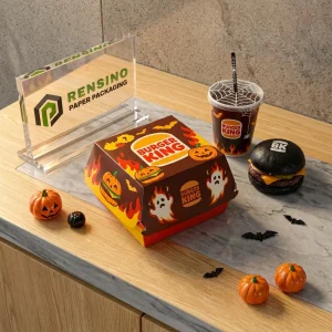Brown and Orange Disposable Burger Packaging Box with Halloween Pumpkin and Ghost Pattern, Suitable for Food Packaging, Custom Design Available