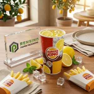 Printed Paper Beverage Cup and French Fries Paper Packaging with Lemon and Ice Cube Imagery for Food Packaging, Custom Design Available