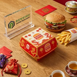 Red and White Printed Disposable Food Packaging Box with Dragon and Lantern Pattern, Suitable for Burger or Fast Food Packaging, OEM/ODM Service Available