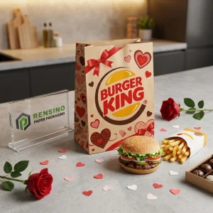 Sacchetti di carta per alimenti usa e getta Kraft con motivo a cuore rosso e logo stampato di Burger King, design personalizzato disponibile