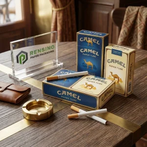 Emballage en tube en papier bleu et blanc Camel avec logo et design imprimés, adapté pour les cadeaux, le commerce de détail ou l'emballage alimentaire, service OEM/ODM disponible