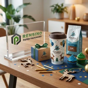 Gobelets en papier jetables Kraft avec ruban vert et logo de café, service OEM/ODM disponible