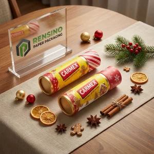 Tubo de bálsamo labial de papel amarillo y rojo con patrón de hombre de jengibre y copo de nieve, adecuado para uso cosmético o de regalo, impresión de logo personalizada disponible