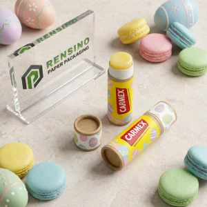 Tubo de bálsamo labial de papel amarillo y kraft con patrón de huevo de Pascua, adecuado para uso cosmético, impresión de logo personalizada disponible