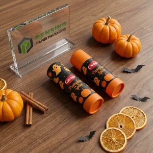 Orange Paper Lip Balm Tube Packaging with Pumpkin and Ghost Pattern, Suitable for Cosmetic Use, Custom Logo Printing Available