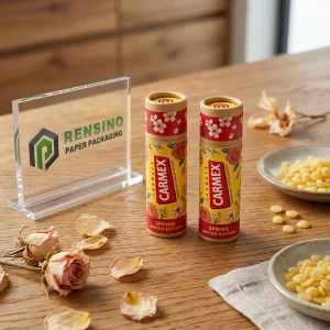 Tubo de bálsamo labial de papel amarillo y rojo con patrón floral y texto impreso, adecuado para uso cosmético o de regalo, impresión de logo personalizada disponible