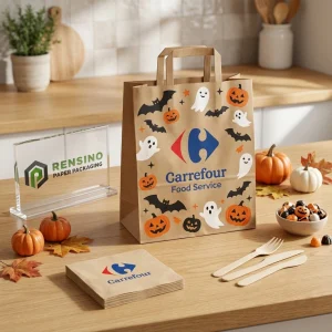 Sacchetti di carta alimentare usa e getta Kraft con motivo di zucca di Halloween, fantasma e pipistrello e testo stampato Carrefour Food Service, stampa logo personalizzata disponibile