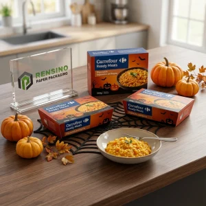 Caja de Embalaje Desechable Azul y Naranja con Patrón de Calabaza y Murciélago de Halloween, Adecuado para Embalaje de Comidas Preparadas, Diseño Personalizado Disponible
