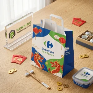 Sacs en papier alimentaires jetables bleus et verts avec motif de dragon rouge et de lanterne et texte imprimé "Carrefour Food Service", service OEM/ODM disponible