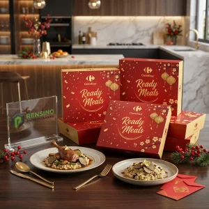 Carrefour Red and Gold Disposable Food Packaging Box with Printed Lantern and Confetti Pattern, Suitable for Ready Meals Packaging, Custom Design Available