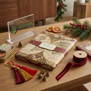 Carta da regalo stampata con motivo di mappa del mondo vintage e fascia decorativa, design personalizzato disponibile