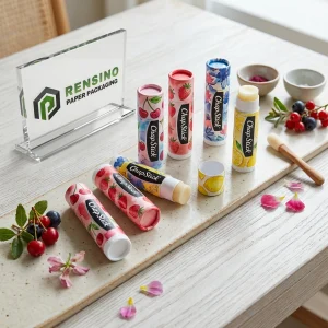 Empaque de tubo de bálsamo labial impreso con ilustraciones de frutas y flores, adecuado para uso cosmético o de regalo, diseño personalizado disponible