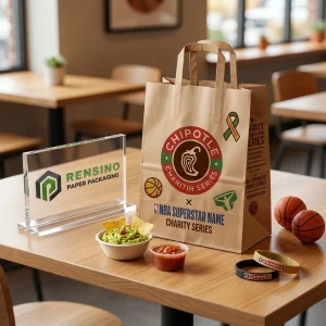 Confezione in sacchetto di carta marrone con logo della serie Chipotle Charity stampato e testo NBA Superstar, adatta per confezioni alimentari o al dettaglio, servizio OEM/ODM disponibile