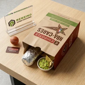 Sacchetto di imballaggio alimentare in carta kraft marrone con loghi stampati Chipotle e NBA, adatto per imballaggio alimentare, stampa logo personalizzata disponibile