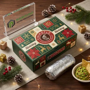 Boîte d'emballage alimentaire jetable verte et rouge avec motif de vacances et texte Chipotle imprimé, adaptée pour l'emballage alimentaire, design personnalisé disponible