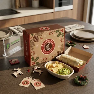Brown Kraft Disposable Food Packaging Box with Printed Chipotle Logo and Holiday Pinecone Pattern, Suitable for Food Packaging, Custom Design Available