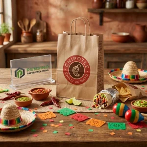Sacchetto di carta marrone con stampa del logo circolare rosso di Chipotle, adatto per imballaggio alimentare, stampa del logo personalizzato disponibile