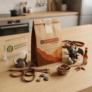 Embalaje de bolsa de papel kraft marrón con texto impreso “CHIPOTLE” y patrón de montaña, adecuado para embalaje de alimentos, diseño personalizado disponible