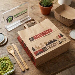 Confezione in sacchetto di carta marrone con logo Chipotle stampato e motivo di alberi di montagna, adatta per confezionamento alimentare, stampa di logo personalizzato disponibile