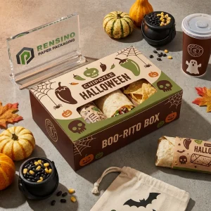 Caja de Embalaje de Alimentos Desechable Marrón y Verde con Patrón de Calabaza y Calavera de Halloween, Adecuado para Embalaje de Alimentos, Impresión de Logo Personalizado Disponible