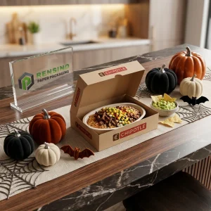 Brown Disposable Paperboard Food Packaging Box with Printed “CHIPOTLE” Text, Suitable for Food Packaging, Custom Design Available