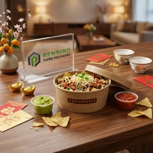 Kraft डिस्पोजेबल फूड पैकेजिंग बाउल जिसमें प्रिंटेड “CHIPOTLE” टेक्स्ट है, फूड पैकेजिंग के लिए उपयुक्त, कस्टम डिज़ाइन उपलब्ध है