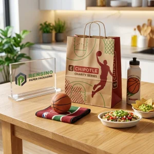 Confezione in sacchetto di carta marrone con giocatore di basket stampato e motivo del campo, adatta per imballaggio alimentare o al dettaglio, stampa logo personalizzata disponibile