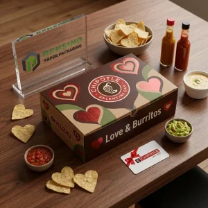 Brown Disposable Food Packaging Box with Heart Pattern and Printed “CHIPOTLE VALENTINE DAY” Text, Suitable for Food Packaging, Custom Design Available