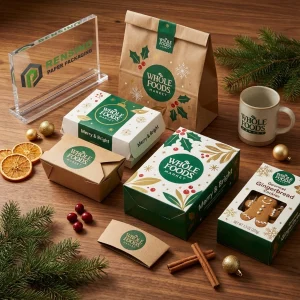 Brown and Green Disposable Packaging Box with Printed Whole Foods Market Logo and Holiday Pattern, Suitable for Food Packaging, Wholesale Customization
