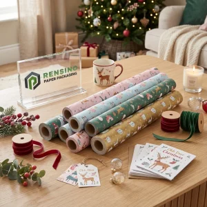 Rouleaux de papier d'emballage imprimé avec motif de cerf de Noël pour l'emballage de cadeaux, conception personnalisée disponible