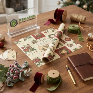 Carta da regalo in kraft stampata con motivo botanico e natalizio, design personalizzato disponibile