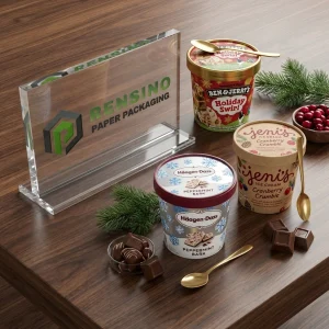 Imballaggio in carta stampata con contenitori per gelato e immagini di cioccolato per imballaggio alimentare, stampa logo personalizzata disponibile