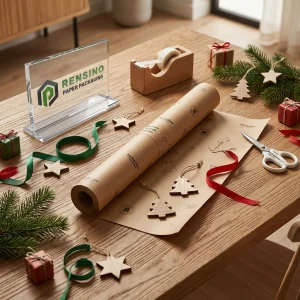 Rotolo di Carta Regalo Kraft con Motivo Albero di Natale e Stella, Adatto per Imballaggio di Regali, Vendita al Dettaglio o Alimentari, Design Personalizzato Disponibile