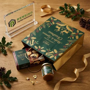 Bolsas de papel desechables verdes y doradas para alimentos con patrón y texto navideño impreso, diseño personalizado disponible