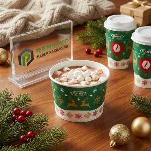 Green and White Printed Paper Bowl with Snowflake and Reindeer Pattern for Food Packaging, Custom Logo Printing Available