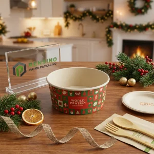 Bol en papier imprimé rouge et vert avec motif de Noël pour l'emballage alimentaire, design personnalisé disponible