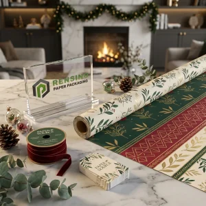 Grünes und burgunderfarbenes bedrucktes Geschenkpapier mit floralen und geometrischen Mustern, benutzerdefiniertes Design verfügbar