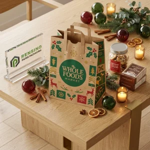 Braune Kraft Einweg Lebensmittelpapierbeutel mit grünem und rotem Feiertagsmuster und bedrucktem “WHOLE FOODS MARKET” Text, individuelle Logo-Druckoptionen verfügbar