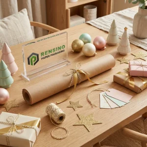 Rotolo di Carta Regalo Kraft con Logo RENSINO Stampato e Nastro Oro, Adatto per Regali, Vendita al Dettaglio o Imballaggio Decorativo, Design Personalizzato Disponibile