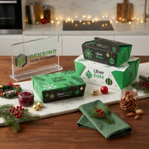 Boîte d'emballage alimentaire jetable verte et blanche avec texte imprimé Uber Eats et motif de décoration de Noël, adaptée à l'emballage alimentaire, service OEM/ODM disponible